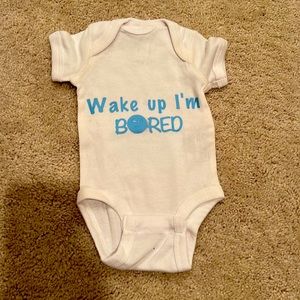 Blue and white BORDOM onesie